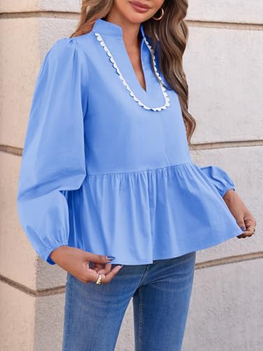 Womens Puff Long Sleeve Peplum Blouses Babydoll V Neck Ruffle Tops Cute Cotton Loose Fit Shirts