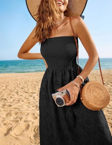 Women's Summer Strapless Dress Off Shoulder Smocked Casual A Line Eyelet Beach Wedding Guest Midi Dress