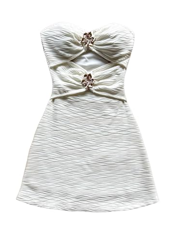 Women's Strapless Cut Out Mini Dress Metal Flower Textured Fitted Tube Bodycon Dress
