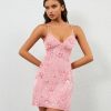 Women Sequin Sparkly Rhinestone Mini Dress Sleeveless Backless Deep V Neck Glitter Short Cami Dress Party Clubwear