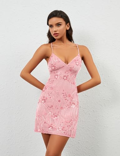 Women Sequin Sparkly Rhinestone Mini Dress Sleeveless Backless Deep V Neck Glitter Short Cami Dress Party Clubwear