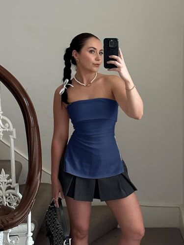 Womens Strapless Tube Tops Fitted Ribbed Knit Y2K Going Out T Shirts Summer Side Zipper Backless Bandeau Tops