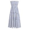 Womens Casual Dresses Strapless Tube Stripped Shirred A Line Blue Beach Vacation Midi Dress Maxi Skirts S
