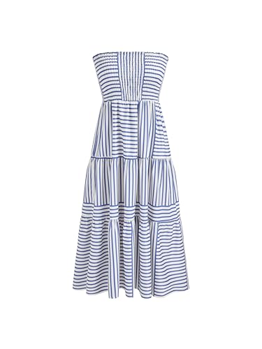 Womens Casual Dresses Strapless Tube Stripped Shirred A Line Blue Beach Vacation Midi Dress Maxi Skirts S
