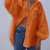41IU0mMiLGL.jpg Womens Oversized Button Down Shirts Puff Long Sleeve Collared V Neck Cotton Blouses Linen Loose Fit Tops