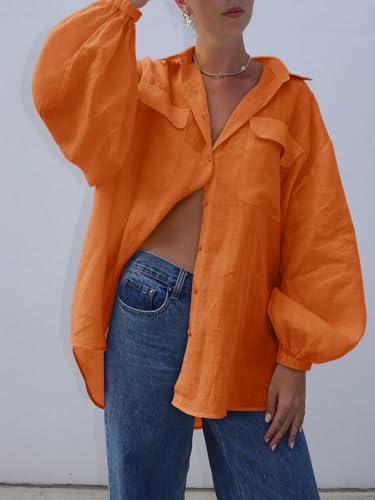 41IU0mMiLGL.jpg Womens Oversized Button Down Shirts Puff Long Sleeve Collared V Neck Cotton Blouses Linen Loose Fit Tops
