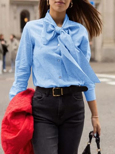 Womens Plaid Shirts Bow Tied Neck Button Down Long Sleeve Casual Dressy Blouse Tops