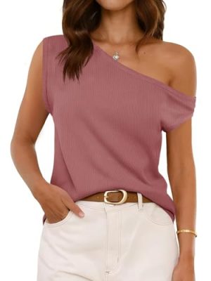 Womens Off One Shoulder Tops Summer Ribbed Knit Tank Tops Trendy Casual Loose Fit Sleeveless Tee Shirts