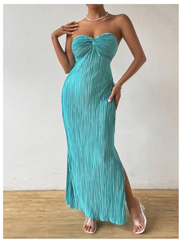 Women's Twist Front Strapless Bodycon Dress Summer Split Thigh Maxi Tube Dresses Vacation Outfits