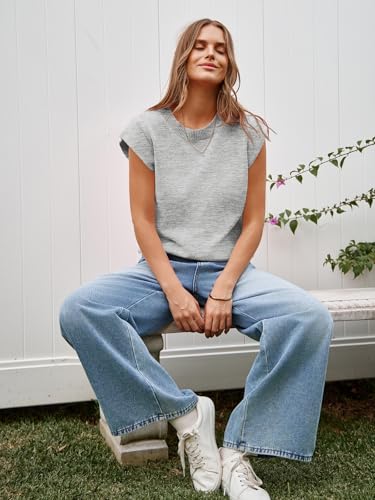 Womens Cap Sleeve Sweater Vest Summer Casual Sleeveless Knit Tank Tops Loose Fit Crew Neck Shirts Pullover