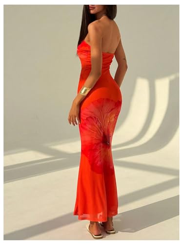 41JaAS1daL.jpg Women's Floral Twist Front Mesh Tube Dress Elegant Strapless Fishtail Maxi Dresses
