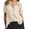 Womens Puff Short Sleeve Button Down Shirts Summer Casual Collared V Neck Blouse Linen Loose Fit Work Tops