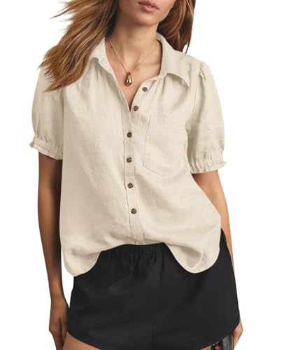 Womens Puff Short Sleeve Button Down Shirts Summer Casual Collared V Neck Blouse Linen Loose Fit Work Tops