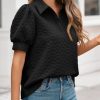 Womens Puff Short Sleeve Polo Shirts Summer V Neck Textured Tops Dressy Casual Loose Fit Blouse