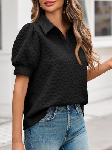 Womens Puff Short Sleeve Polo Shirts Summer V Neck Textured Tops Dressy Casual Loose Fit Blouse