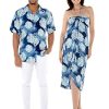 Matchable Couple Hawaiian Luau Shirt or Butterfly Dress in Pacific Palm Navy