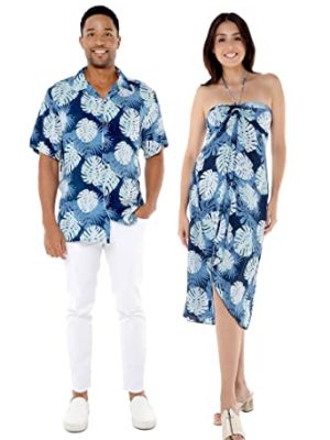 Matchable Couple Hawaiian Luau Shirt or Butterfly Dress in Pacific Palm Navy