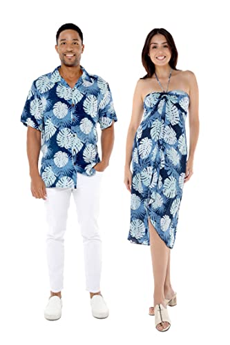 Matchable Couple Hawaiian Luau Shirt or Butterfly Dress in Pacific Palm Navy