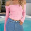 Womens Off The Shoulder Tops Cropped Going Out Slim Fit Long Sleeve Summer Shirts Cute Y2K Ruched Tight Tees Pink