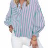 Womens Striped Button Down Shirts 2024 Fall Fashion Puff Long Sleeve Loose Fitting Work Tops