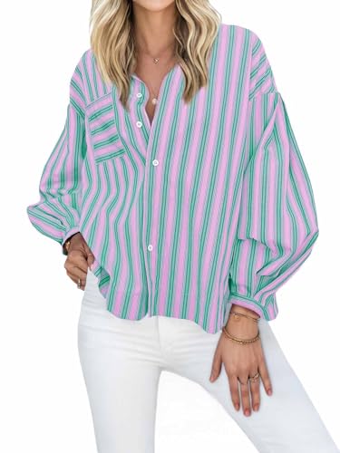 Womens Striped Button Down Shirts 2024 Fall Fashion Puff Long Sleeve Loose Fitting Work Tops