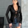 Womens Sexy Tie Front Satin Shirts Deep V Neck Silk Club Tops Long Sleeve Y2k Going Out Blouse