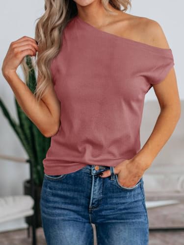 Womens Off One Shoulder Tops Summer Ribbed Knit Tank Tops Trendy Casual Loose Fit Sleeveless Tee Shirts