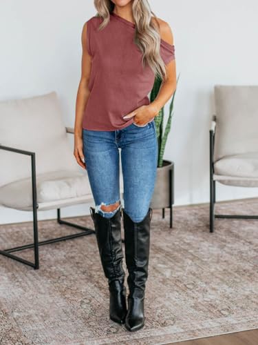Womens Off One Shoulder Tops Summer Ribbed Knit Tank Tops Trendy Casual Loose Fit Sleeveless Tee Shirts