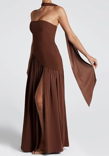 Women's Elegant Strapless Long Dress with Scarf Cocktail Wedding Guest Prom Maxi Dresses with Slit