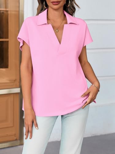 Womens V Neck Polo Shirts Short Sleeve Business Casual Tops Loose Fit Summer Tees