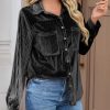 Womens Velvet Button Down Shirt Casual Long Sleeve V Neck Collared Tops Fall Shacket Jacket with Pockets