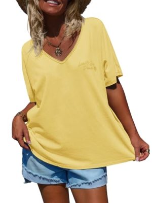 Womens Oversized Peace Love Joy Tshirts Summer Casual V Neck Short Sleeve Tops Embroidery Letter Boho Tee Shirts