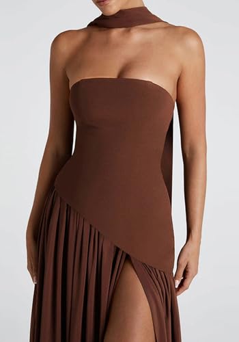 Women's Elegant Strapless Long Dress with Scarf Cocktail Wedding Guest Prom Maxi Dresses with Slit