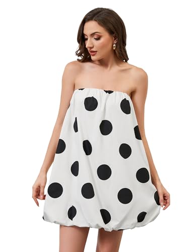 Women’s Polka Dot Bubble Mini Dress Strapless Backless Loose Fit Tube Dress Elegant Pleated Elastic Beach Dress