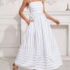 Women's Striped Back Smocked Maxi Dress Sexy Spaghetti Strap Cut Out Flowy Swing Long Dress