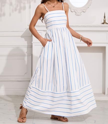 Women's Striped Back Smocked Maxi Dress Sexy Spaghetti Strap Cut Out Flowy Swing Long Dress