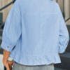 Womens Cropped Button Down Shirts 3/4 Length Sleeve Casual Cotton Blouses Loose Fit Ruffle Hem Tops