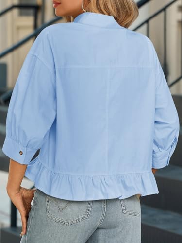 Womens Cropped Button Down Shirts 3/4 Length Sleeve Casual Cotton Blouses Loose Fit Ruffle Hem Tops