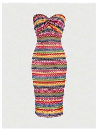 Women's Twist Strapless Bandeau Tube Dress Geo Striped Sleeveless Long Bodycon Sundress