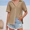 Womens Short Sleeve Button Down Shirts Cotton Linen V Neck Side Slit Blouse Summer Casual Loose Fit Beach Tops