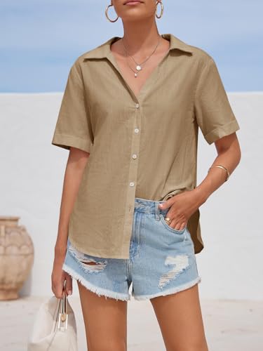 Womens Short Sleeve Button Down Shirts Cotton Linen V Neck Side Slit Blouse Summer Casual Loose Fit Beach Tops