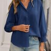 Womens Button Down Shirts Smocked 3/4 Sleeve Blouse Dressy Casual Ruffle Neck Shirred Tops Navy