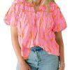 Womens Summer Babydoll Tops Short Lantern Sleeve Bow Print Blouse V Neck Pleated Casual Cute Tee Shirts