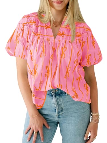 Womens Summer Babydoll Tops Short Lantern Sleeve Bow Print Blouse V Neck Pleated Casual Cute Tee Shirts