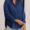 Womens Button Down Shirts Smocked 3/4 Sleeve Blouse Dressy Casual Ruffle Neck Shirred Tops Navy