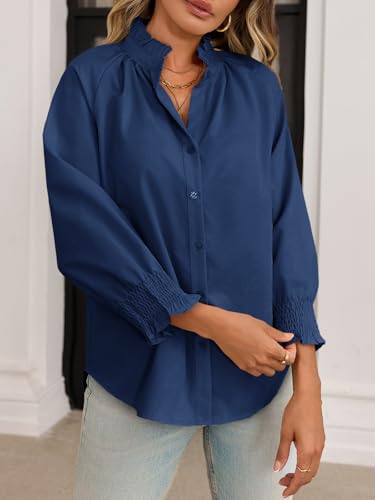 Womens Button Down Shirts Smocked 3/4 Sleeve Blouse Dressy Casual Ruffle Neck Shirred Tops Navy