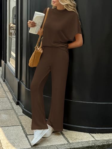 Womens 2 Piece Lounge Sets Casual Batwing Short Sleeve Knit Sweater Loose Wide Leg Pants Travel Outfits