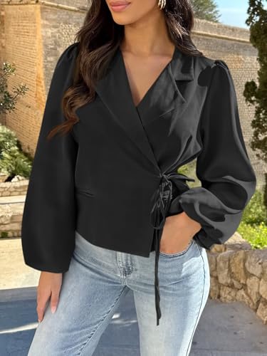 Womens Puff Long Sleeve Blazers V Neck Wrap Cropped Trench Coat Work Office Dressy Casual Suit Jackets