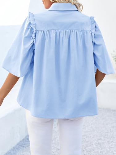 Womens Summer Button Down Shirts Short Ruffle Puff Sleeve Cotton Blouses Dressy Casual Ladies Tops