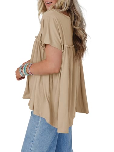 Women Summer Babydoll Tops Pleated Short Sleeve Crew Neck Peplum Blouse Casual Loose Fit T Shirts